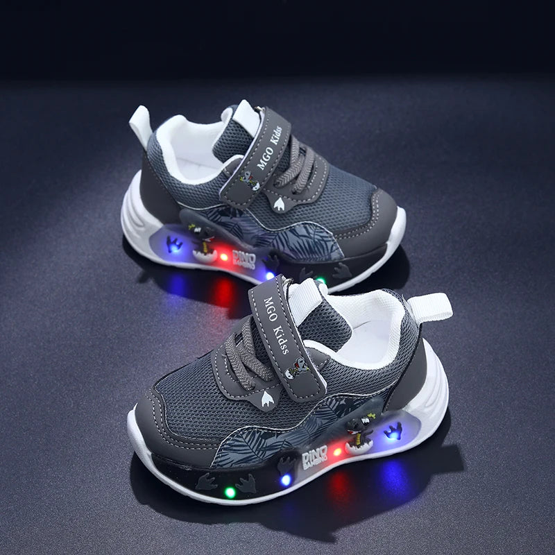 Tênis Infantil com Luzes LED e Dinossauro, Respirável e Casual