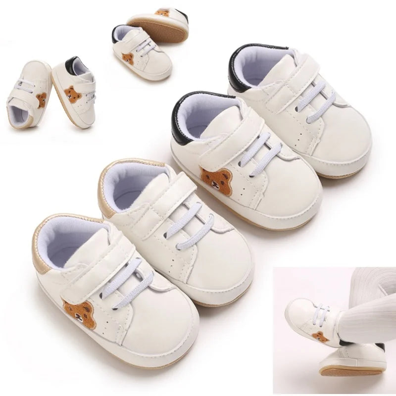 Sapatinho de Couro Infantil 0–18M para Meninos e Meninas, Mocassim com Solado de Borracha Antiderrapante