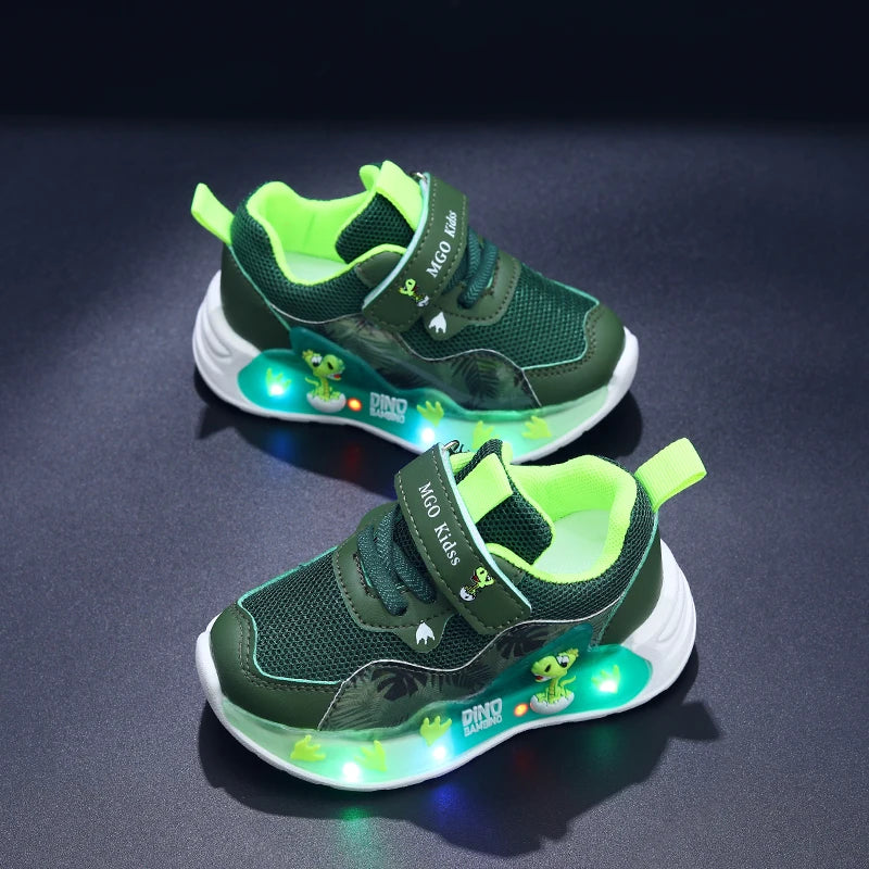 Tênis Infantil com Luzes LED e Dinossauro, Respirável e Casual