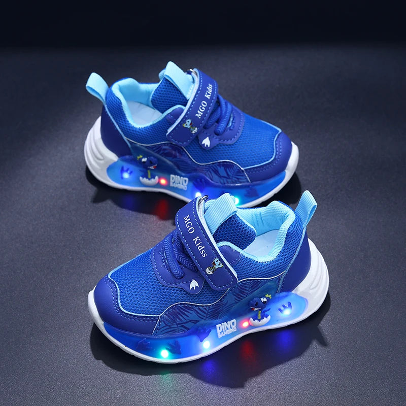 Tênis Infantil com Luzes LED e Dinossauro, Respirável e Casual
