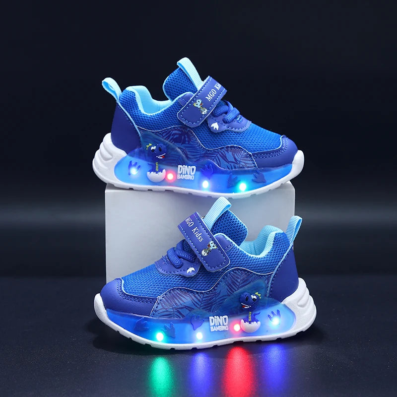 Tênis Infantil com Luzes LED e Dinossauro, Respirável e Casual