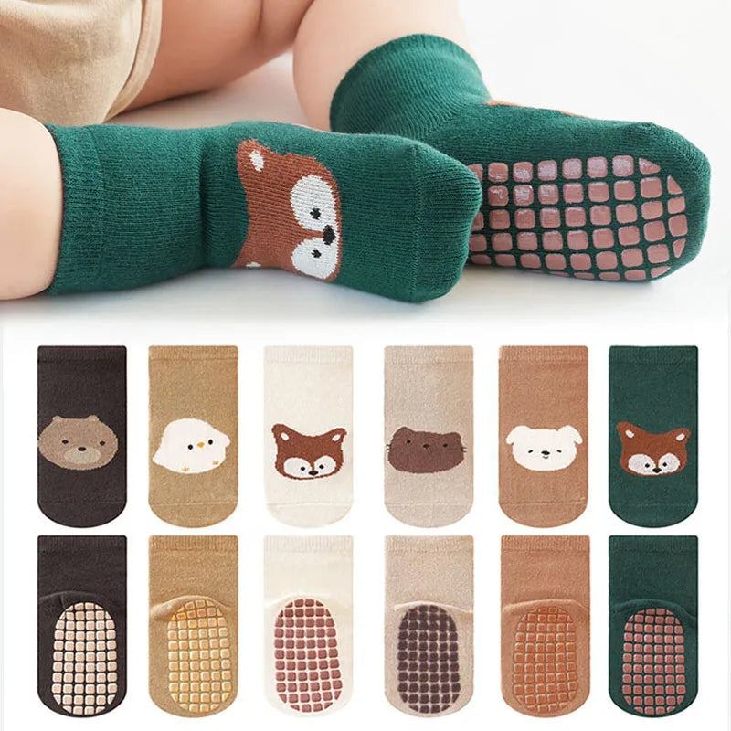 Kit com 6 Pares de Meias Infantis Antiderrapantes – Raposa e Urso