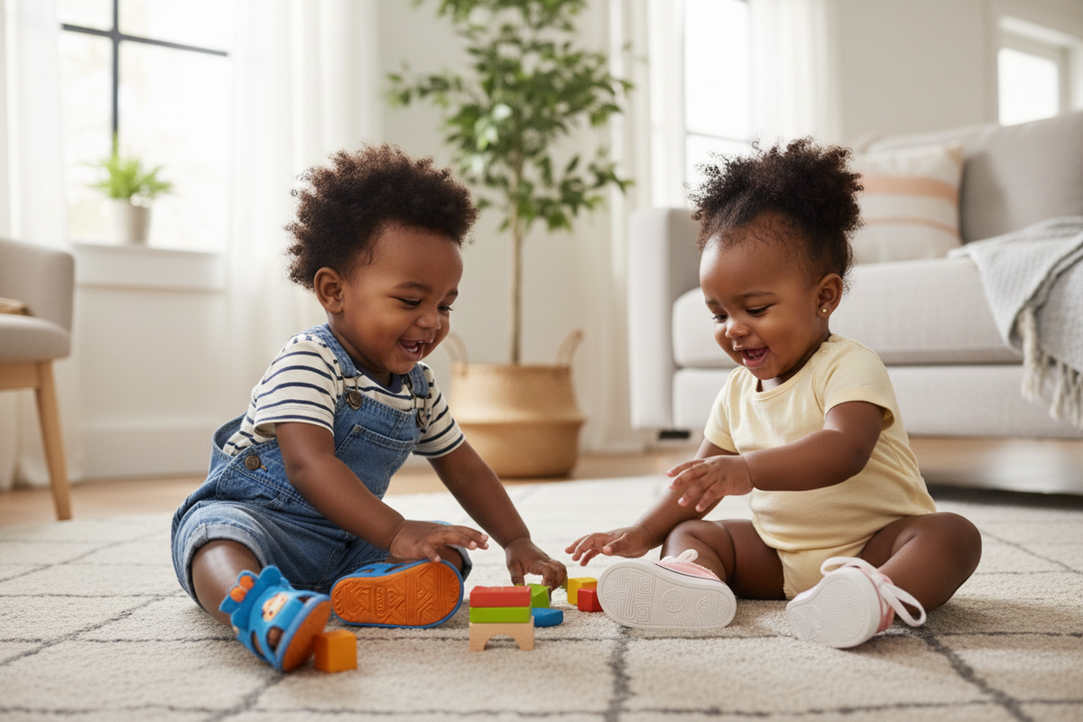 Bebês negros brincando com sandálias e tênis infantis em sala clara